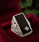 18k Art Nouveau Filigree Black Onyx & Diamond Ring | Antique Belais 18k White Gold Black Onyx Ring