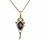 Antique Paste Filigree Lavaliere Pendant | Art Nouveau era Blue Glass & Seed Pearl Lavalier Necklace
