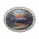 Vintage Hand Painted Sunset Landscape 10k Filigree Brooch | Scenic Porcelain Sunset Souvenir Pin