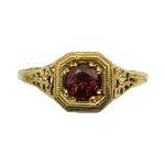 18k Antique Style Filigree Garnet & Rose Cut Diamond Ring | Yellow Gold