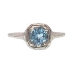 18k White Gold Art Deco Style Filigree .60ct Blue Topaz Ring | Antique Style