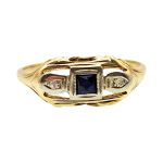14k Art Deco Filigree Syn French Cut Sapphire & Diamond Engagement Ring