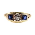 14k Art Deco Syn Sapphire & European Cut Diamond Engagement Ring