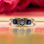 14k Art Deco Syn Sapphire & European Cut Diamond Engagement Ring