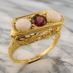 14k Art Deco Style Opal & Rhodolite Garnet Filigree Ring | Yellow Gold