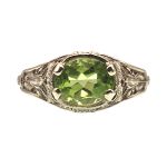 14k Art Deco Style Filigree Oval Peridot Ring | White Gold Antique Style