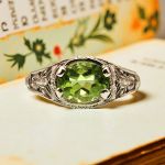 14k Art Deco Style Filigree Oval Peridot Ring | White Gold Antique Style