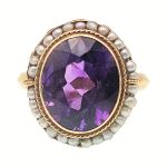 Antique 14k 4.5ct Amethyst & Seed Pearl Ring | Yellow Gold