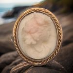 14k Victorian Angel Skin Pink Cameo Brooch of Bacchantes Maiden | Antique Cameo Pin