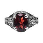 Art Deco Style Filigree Oval Mozambique Garnet Ring | Sterling Silver