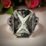 Antique Style Filigree Radiant Cut Green Quartz Ring | Sterling Silver