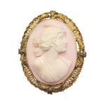 Art Deco 10k Angel Skin Pink Cameo of Goddess Ceres with Seed Pearl Frame