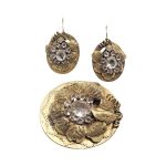 Victorian Pinchbeck Paste Brooch and Earring Set | Antique Engraved Leaf and Foliage Design