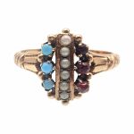 Victorian Bohemian Garnet, Turquoise & Seed Pearl Ring | 10k Rose Gold