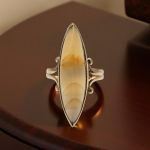 Victorian 10k Navette Shaped Moss Agate Ring | Montana Agate | Yellow Gold