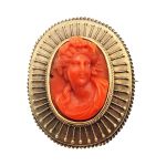 Victorian 18K Coral Cameo Etruscan Revival Brooch | Antique Memorial Pin | Mourning Brooch