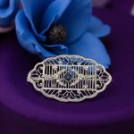 Art Deco 10k Filigree and Sapphire Brooch | Antique White Gold Filigree Lace Pin
