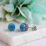 Platinum / 18k White Persian Turquoise Stud Earrings | Turquoise Cabochon Scroll Designed Earrings