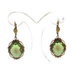 Vintage Olive Green Glass Drop Earrings  | Victorian Style Framed Matte Green Glass Dangle Earrings