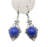 Vintage Czech Blue Matrix Glass Drop Earrings  | Victorian Style Framed Mottled Lapis Colored Glass Dangle Earrings
