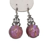 Vintage Czech Dragon's Breath Art Glass Drop Earrings  | Antique Style Mexican Opal and Goldstone Art Glass Dangle Earrings