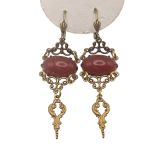 Vintage Carnelian Scroll Designed Drop Earrings  | Victorian Style Dangle Earrings