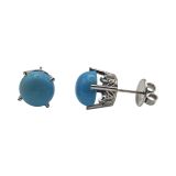 Platinum / 18k White Persian Turquoise Stud Earrings | Turquoise Cabochon Scroll Designed Earrings