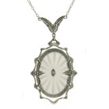 Art Deco Style Sunray Crystal & Diamond Filigree Necklace | Sterling Silver Camphor Glass