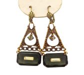 Vintage Czech Inlaid Dark Green Glass Dangle Earrings  | Victorian Style Czech Inlaid Dark Green Glass Drop Earrings