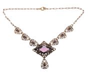 Art Deco Czech Glass and Filigree Necklace | 1930's Faceted Purple Glass